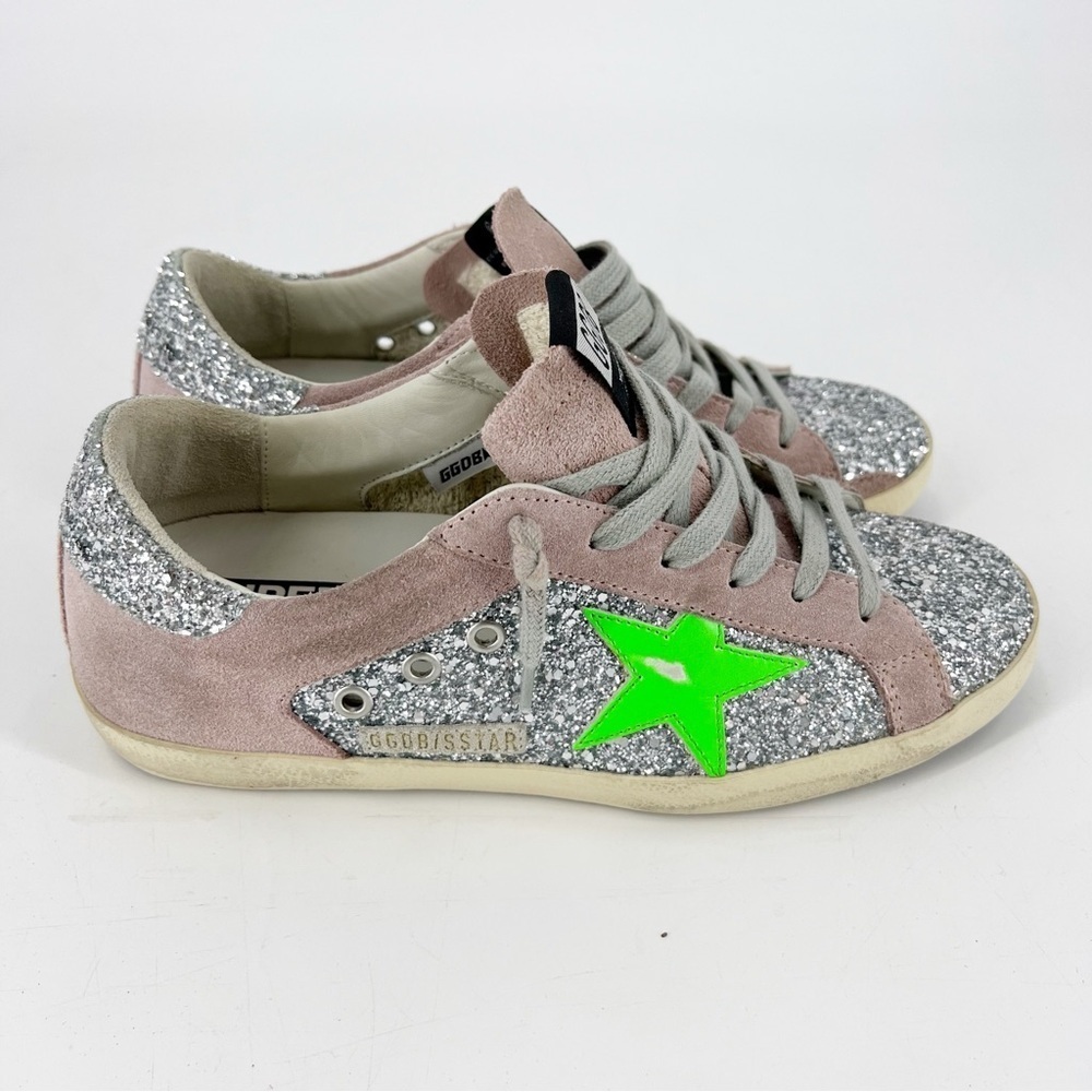 Golden Goose Glitter Superstar Low Top Sneakers Pink Green 39 Italy US 9